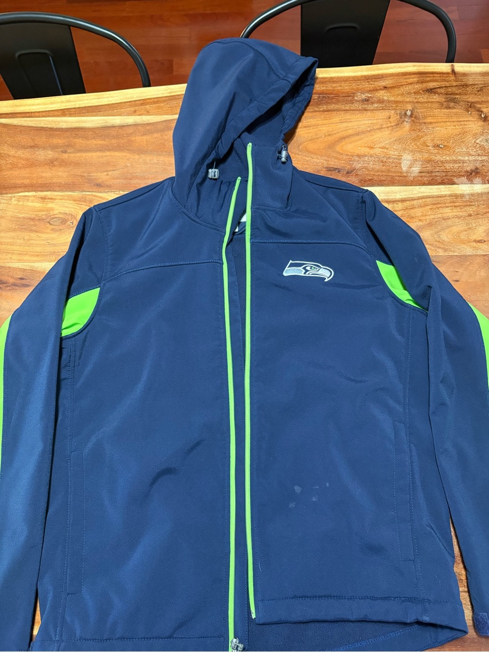 NFL Seattle Seahawks Navy Blue and Neon Green Hooded Rain Jacket - Fleece lined